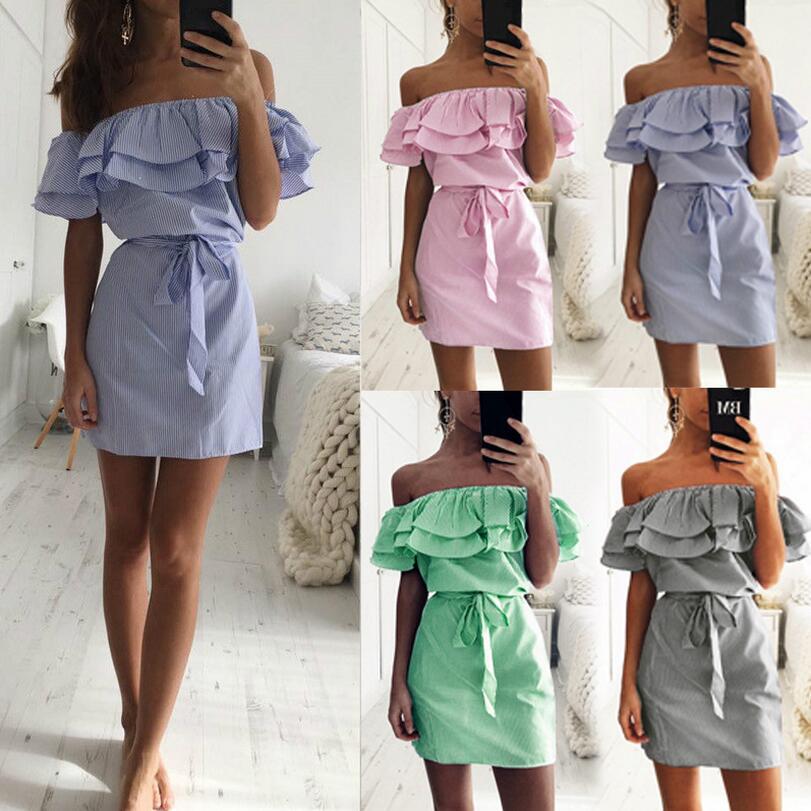 Women's Clothing off-the-shoulder women's lotus leaf sleeve striped dress