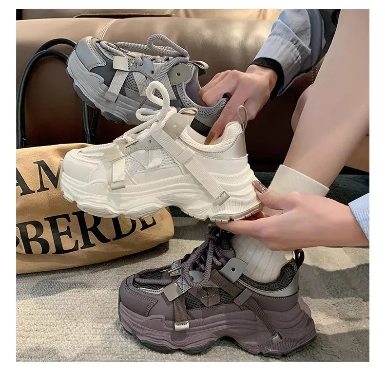 Dames Chunky Sneakers Lente Ademend Mesh Platform Sport Vrouw Mode Veterschoenen Dikke Zool Casual Schoenen Mujer 240618_voghion.com