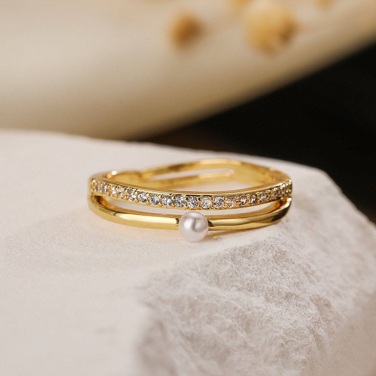 Australesch Moud Kofferplatéiert Echtgold Zirkon Perl Geometrisch Oppen fir Damen Klengen a Luxusring_voghion.com
