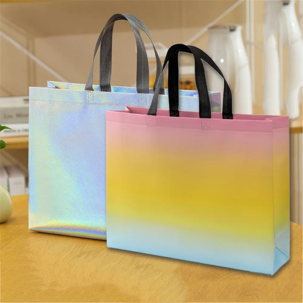 Foldable Laser Shopping Reusable Eco Tote Business Clothing Waterproof Fabric Non-woven Bag Travel Storage Handbag_voghion.com