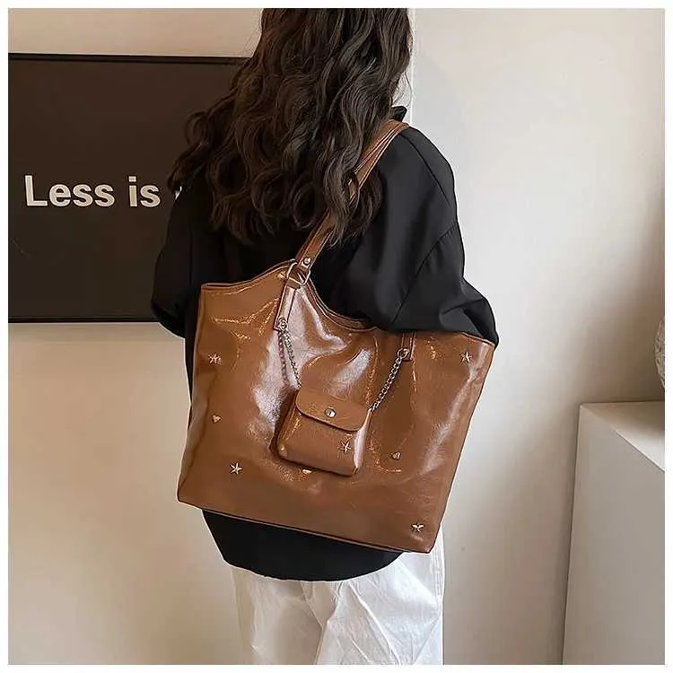 Sacs à bandoulière en cuir PU solide pour femmes, sacs de loisirs de grande capacité pour les déplacements féminins, sacs sous les bras avec étoiles et appliques, poignée_voghion.com