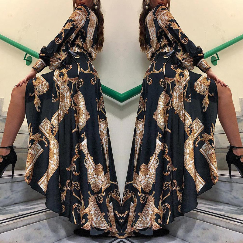 women's retro palace style dress printed long sleeves slit waist long skirt_voghion.com