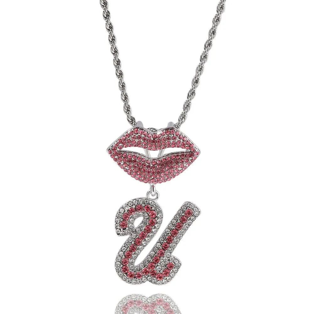 Collier avec pendentif en forme de lettre A-Z et fermoir à lèvres style hip-hop en alliage plaqué or et zircon_voghion.com
