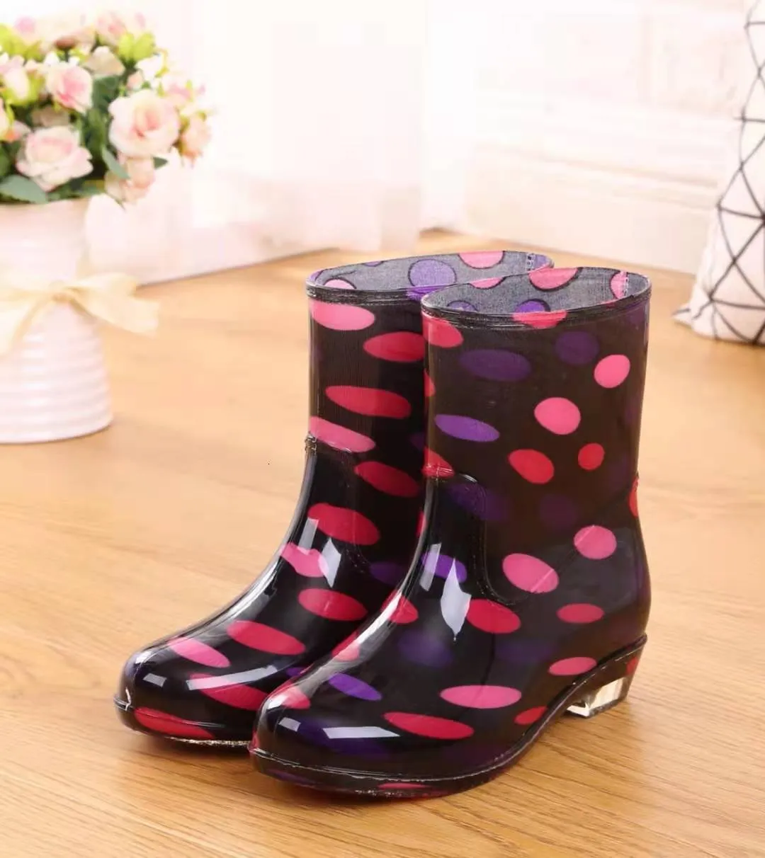 Printed for women work anti and non slip PVC waterproof shoes mid calf rain boots 241031_voghion.com