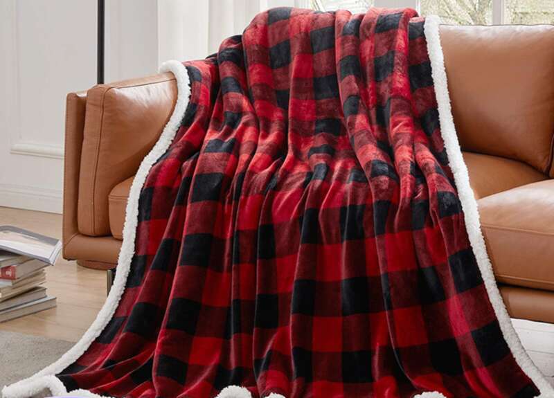 Facecloth Double Layer Classic Red And Black Plaid Printed Lamb Plush Car Nap Blanket_voghion.com