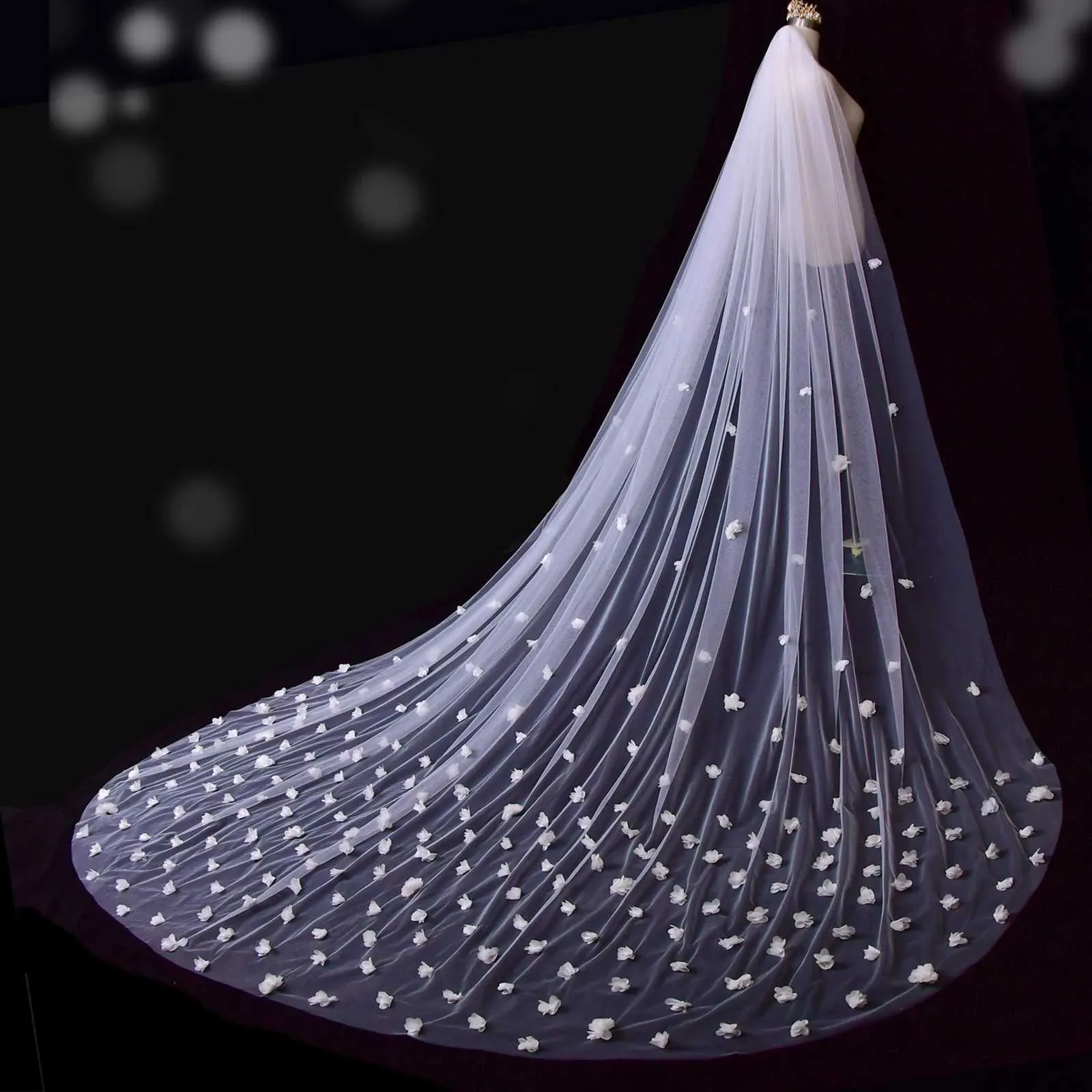Hair Jewelry Long Cathedral Bridal 3D Flowers 1 Layer Soft Veil With Comb Wedding Accessories For Bride V20_voghion.com