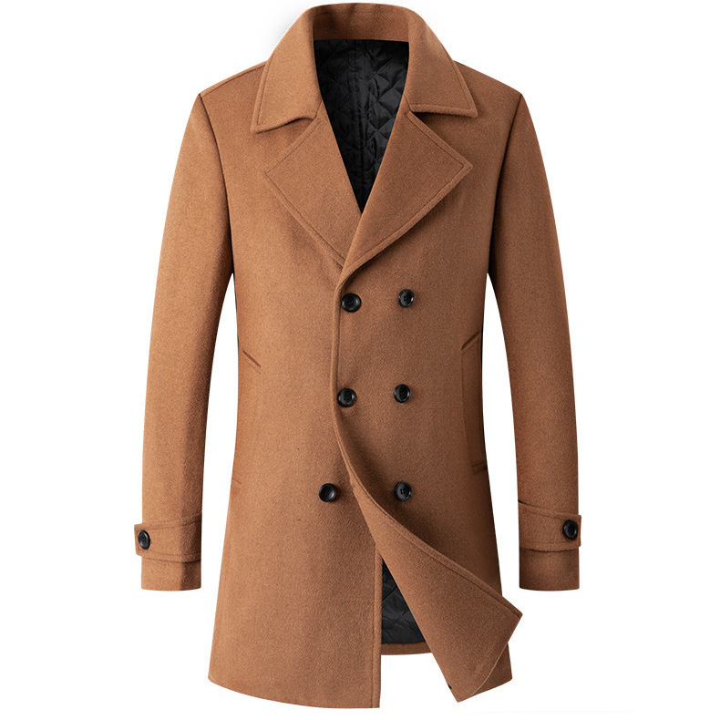 2024 Autumn Winter Men's Woolen Fashion Plus Cotton Thickened Double breasted Suit Flip Collar Medium length Coat