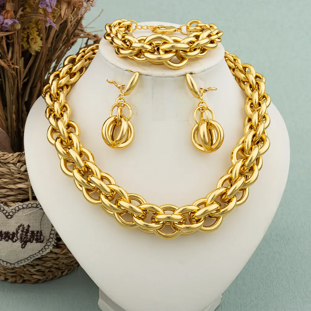 Hochzeitssets Dubai Set für Frauen Mode Gold Farbe Runde Halskette Collor Ohrringe Armband Ring Schmuck Braut Hochzeiten_voghion.com