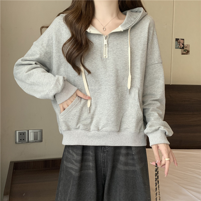 Felpa con cappuccio donna mezza zip maniche lunghe autunno loose_voghion.com