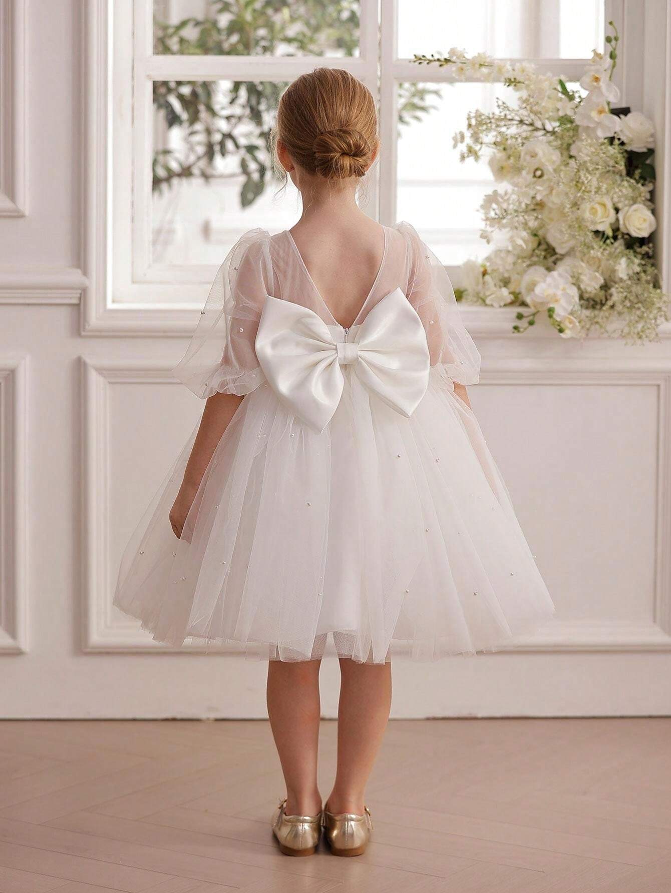 Robe de fête pour enfant, robe de princesse à nœud et fleurs, idéale pour un mariage, une fête, un anniversaire, Noël, un bal de fin d'année ou toute autre occasion importante._voghion.com