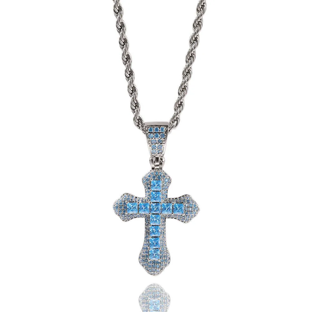 Nuova collana con croce blu Hip Hop con diamanti e versatile maglione in argento Sterling con ciondolo a catena cubana intrecciata_voghion.com