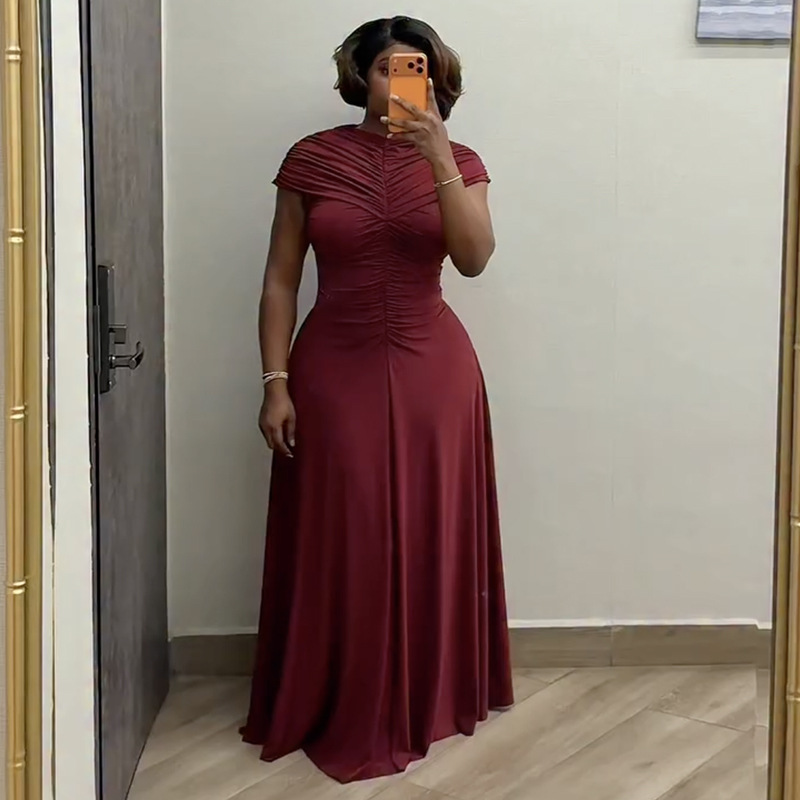 Women’s Clothing Elegant Round Neck Pleated Slim Fit Long Dress For Women European And American Style African Print Spring