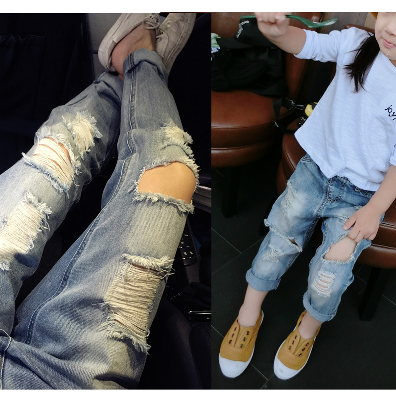 Mother & Kids Children's casual jeans 2024 new spring and autumn boys and girls Korean version small and large children's ripped long pants_voghion.com