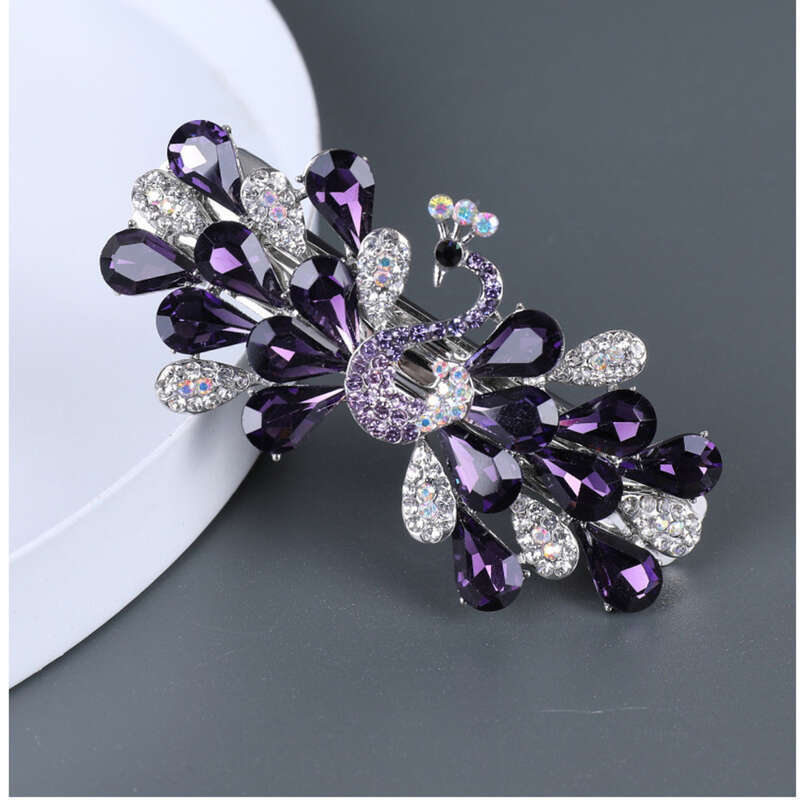 Piccolo design di nicchia Pavone a molla per le donne, dotato di copertura antiscivolo, temperamento con una molletta per capelli a disco dritto_voghion.com