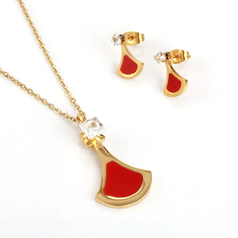 Collane con ciondolo Collana e orecchini geometrici Set gioielli in acciaio inossidabile per donne Triangolo di cristallo Moda rossa_voghion.com