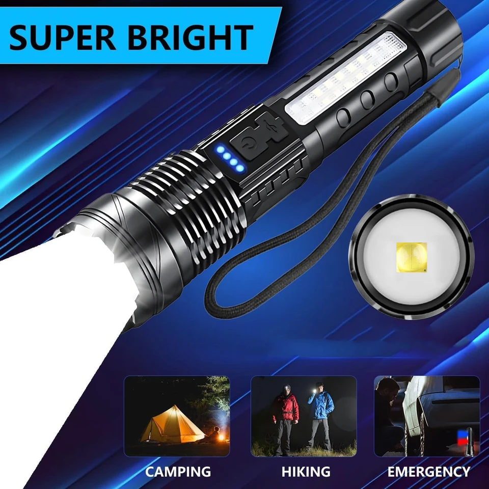 Lampe torche LED rechargeable, lampe torche portable ultra-lumineuse, 7 modes avec éclairage de travail COB, lampe torche tactique pour la maison_voghion.com