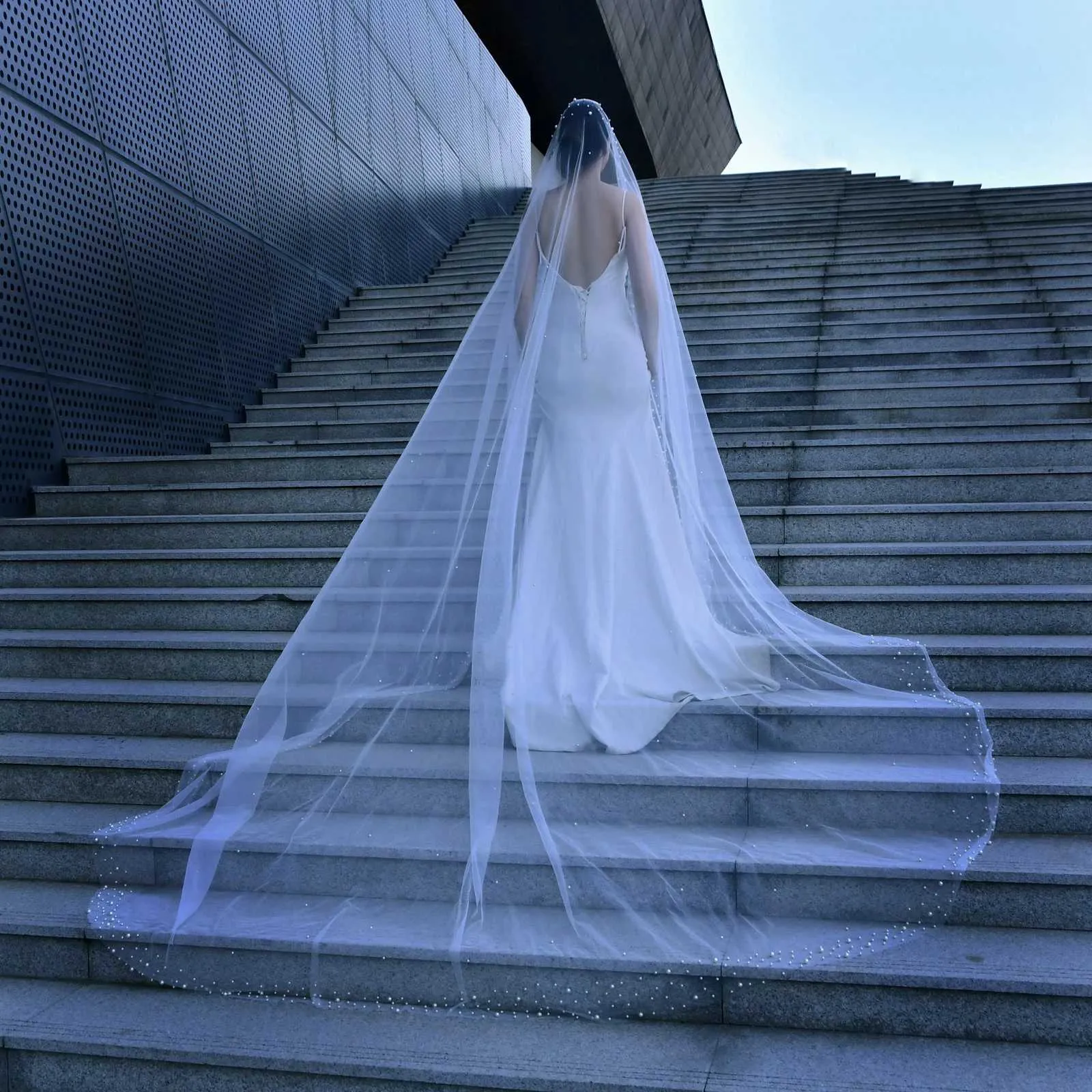 Gioielli per capelli V145 Velo da cattedrale extra lungo 3M Perle larghe Veli da sposa in rilievo con pettine Accessori da sposa Bianco Avorio_voghion.com