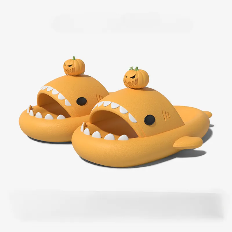 2024 Funny Halloween Pumpkin DIY Shark Slippers Women Men Indoor Bathroom Summer Platform Shoes 4Cm Thick Sole Couples_voghion.com