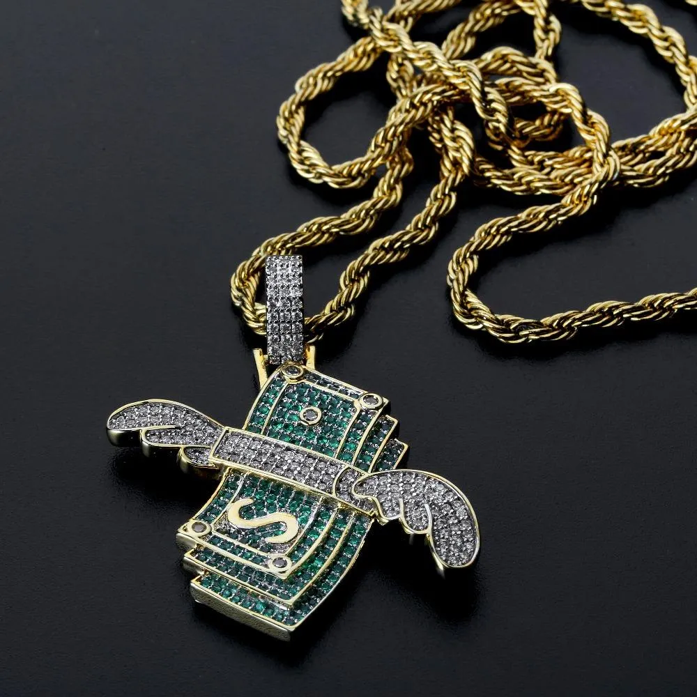 Nuova collana ghiacciata Flying Cash Solid Pendant Collane da uomo personalizzate Hip Hop Oro Argento Colore Charm Catene da donna_voghion.com