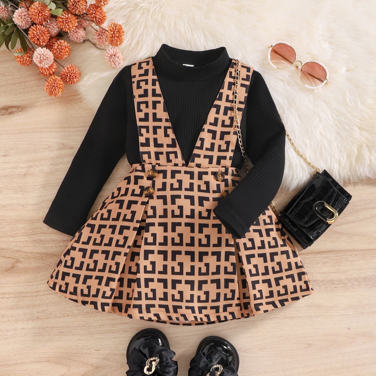 Mother&Kids TX children's classic presbyteria printed suspenders skirt high neck long sleeve two-piece children's suit