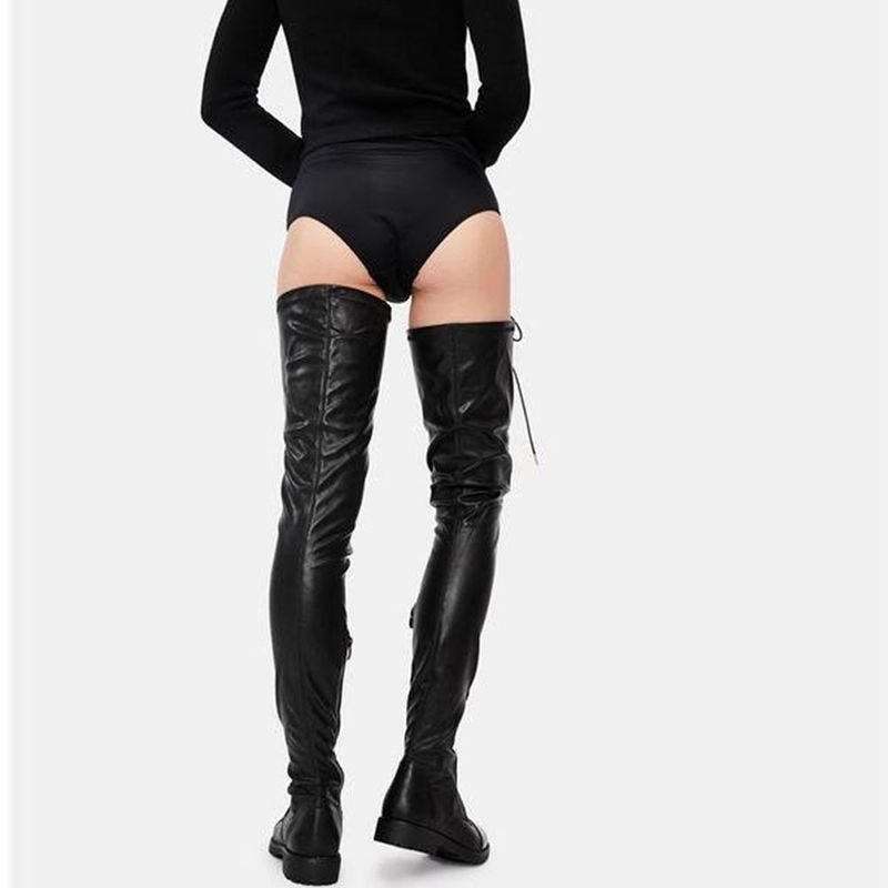 Neue sexy Schnürstiefeletten aus Leder mit seitlichem Reißverschluss und niedrigem Absatz und über dem Knie in Übergröße für Damen_voghion.com