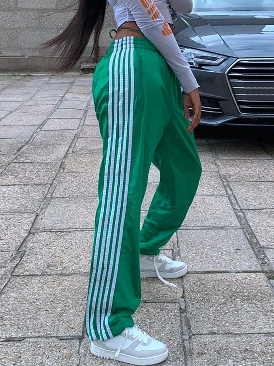 Women Y2k Wide Leg Track Pants Baggy Side Striped Joggers Sweatpants Elastic Waist Color Block Parachute With Pockets_voghion.com