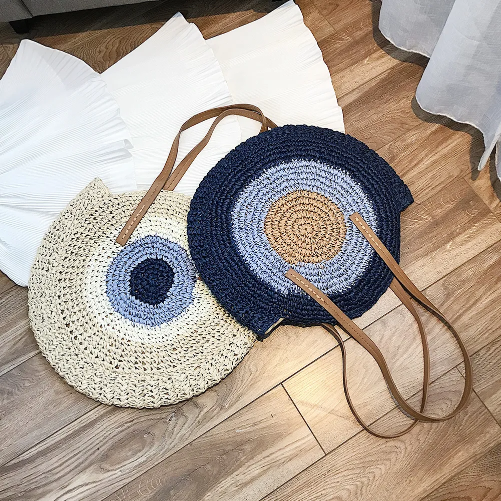 Borsa a tracolla rotonda estiva da donna in rattan intrecciato, in paglia, fatta a mano, da spiaggia, per la spesa, con manico superiore_voghion.com