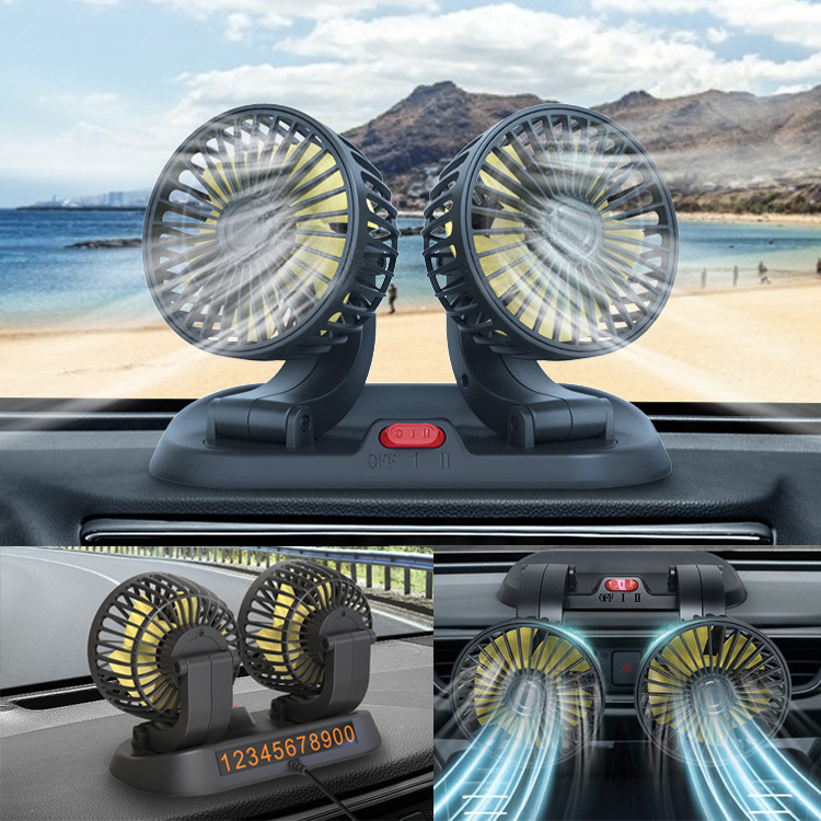 Car fan 24V large truck 12V car universal double head fan van interior cooling high wind power electric fan