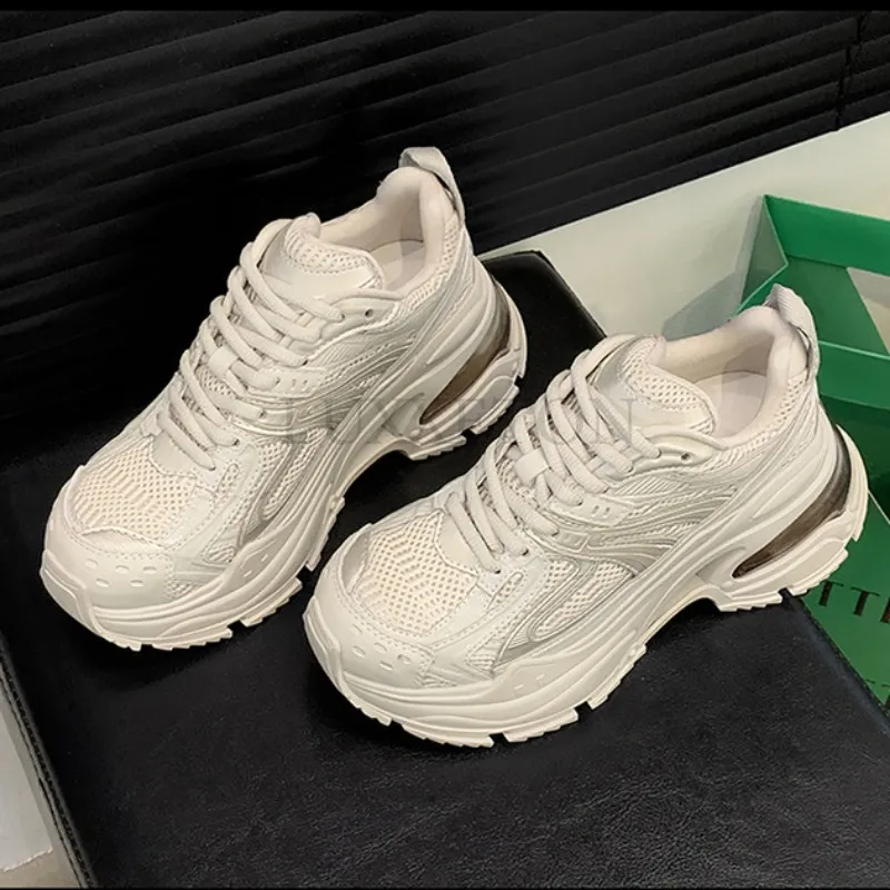 Genuine Leather Air Cushion Round Toe Thick Sole Dad With Mesh Surface For Comfortable Breathable Casual Sports Shoes_voghion.com