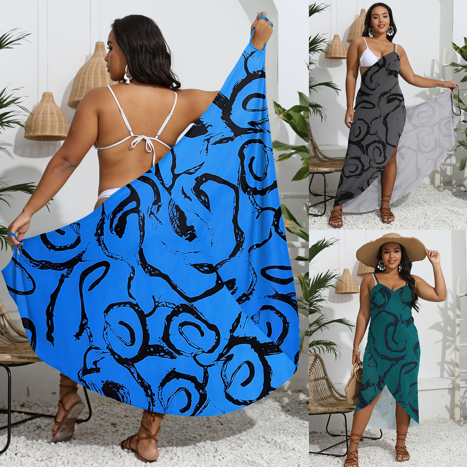 large size women's clothing printed one-piece shawl multi-wear beach dress irregular suspender dress_voghion.com