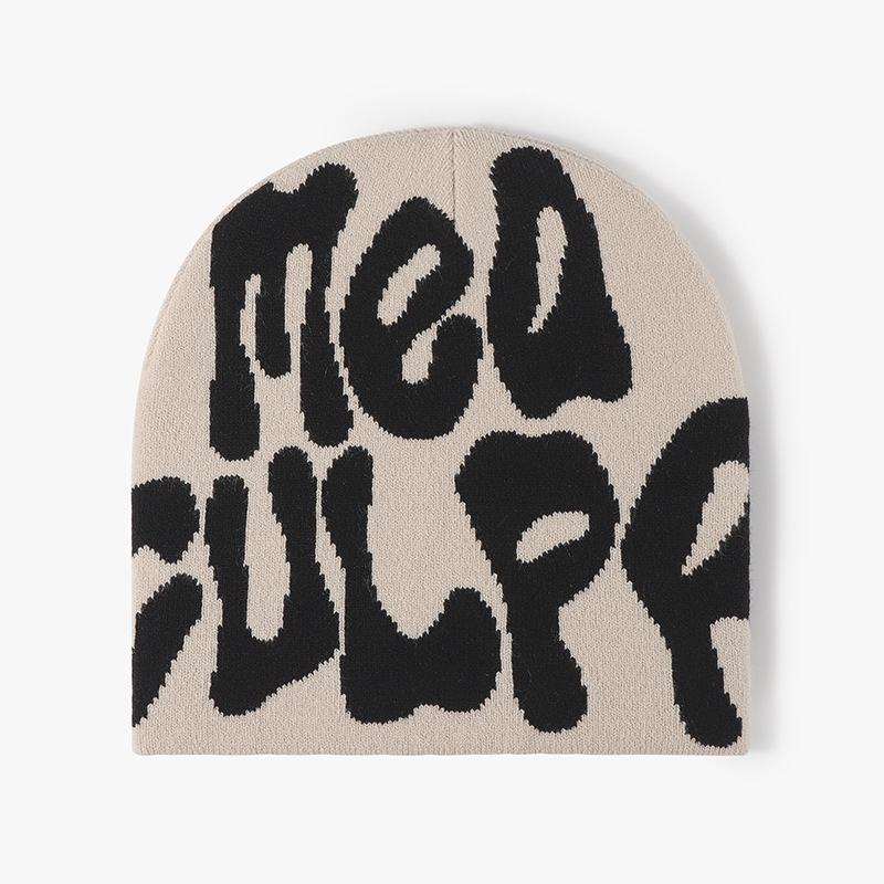 Bonnet tricoté universel pour hommes et femmes en jacquard avec lettres européennes et américaines, chapeau en laine chaud d'extérieur, chapeau froid sans bord personnalisé_voghion.com