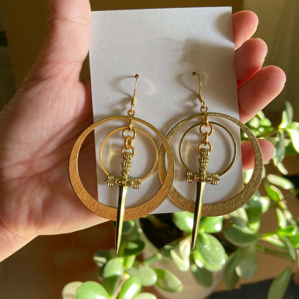 Vintage Gothic double hoop earrings with gold sword texture_voghion.com