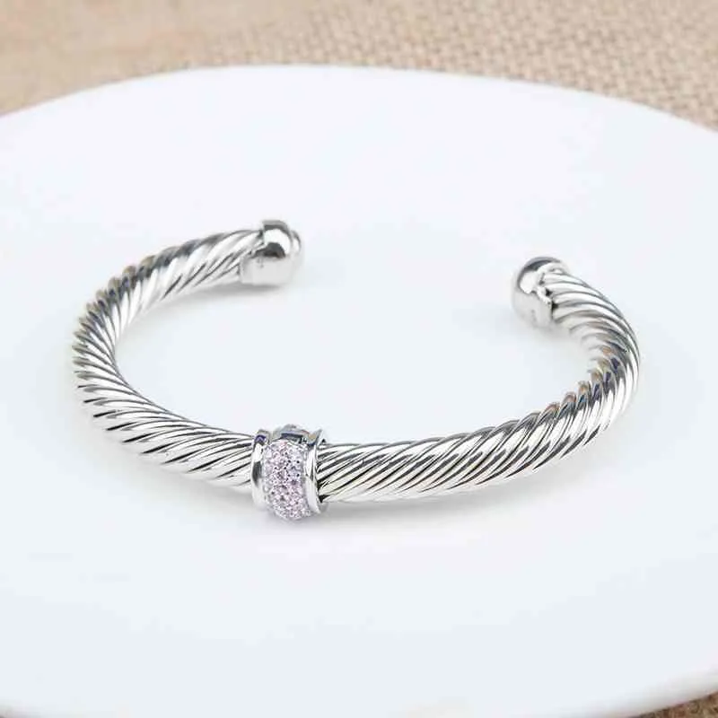Cable Bangle Bracelet With Zircon For Women Silver Classics_voghion.com