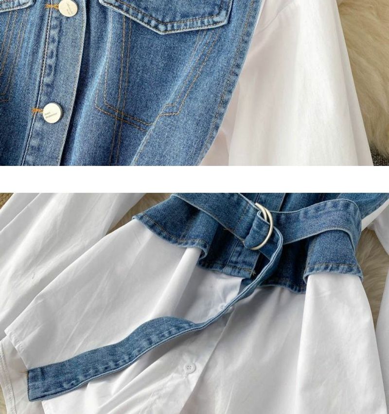 Women's Clothing polo collar denim two-piece long-sleeved shirt with a niche mid-length waist and chic top_voghion.com