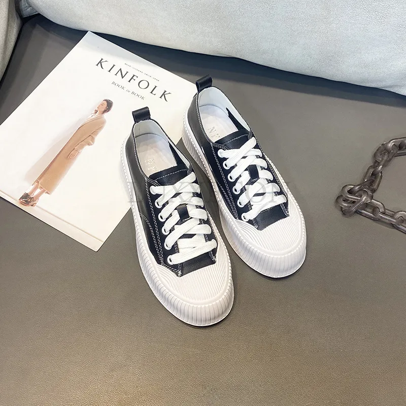 Genuine Leather Thick Sponge Cake Sole Canvas Shoe Mesh Surface For Comfortable Breathable Versatile Casual Board Shoes_voghion.com