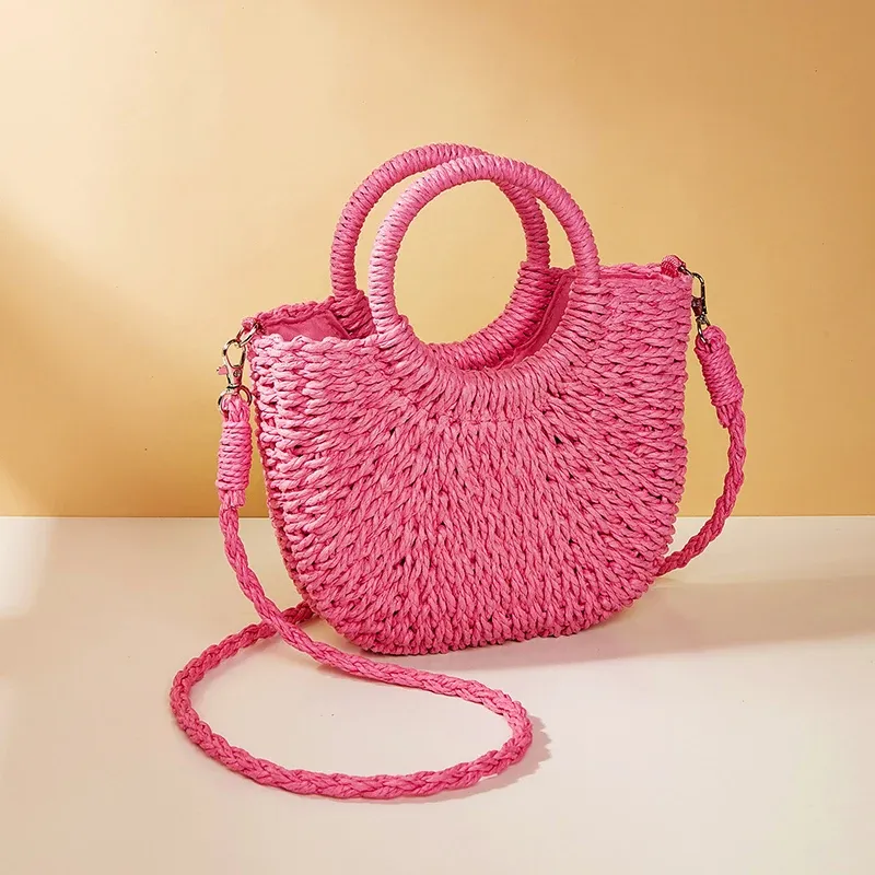 Sommer-Handgefertigte Taschen für Frauen, Weben, Damen, Strohumwickelte Strandtasche, Mondförmige Handtaschen mit Griff oben_voghion.com