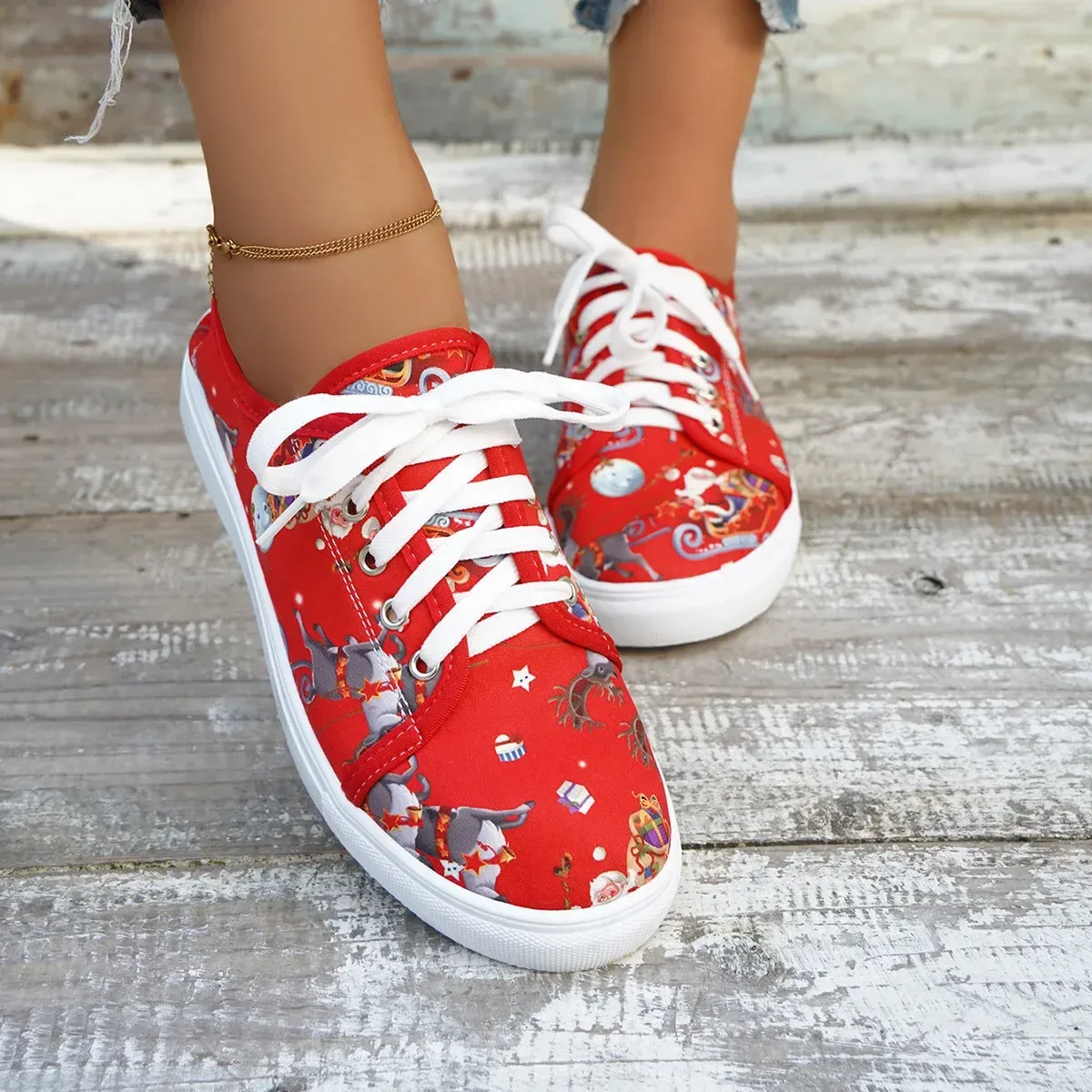 Sneakers di Natale Donna Nuovo Autunno Moda Babbo Natale Stampa Adorabili Casual Scarpe Basse Signore Festival Scarpe Vulcanizzate 2024_voghion.com