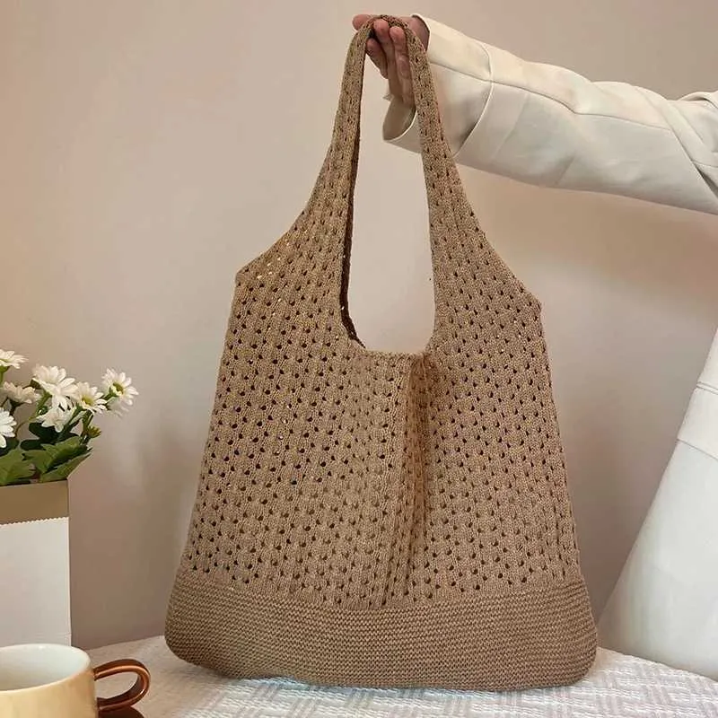 Borsa a mano lavorata a maglia da designer, grande portafoglio, estiva, da spiaggia, casual, da donna, con tracolla cava Y241011_voghion.com