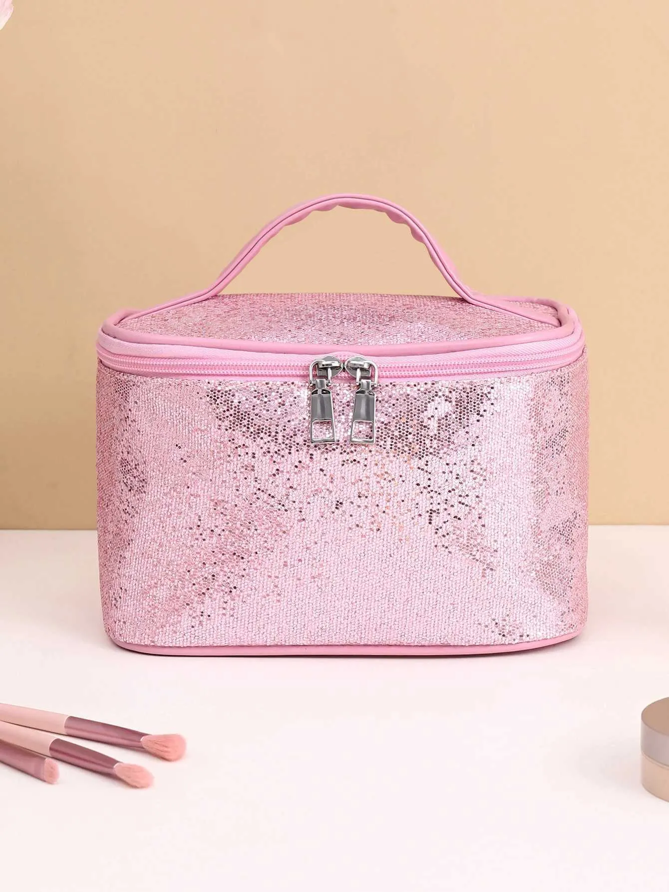Tragbare, faltbare Make-up-Tasche mit rosa Glitzer Y241023_voghion.com