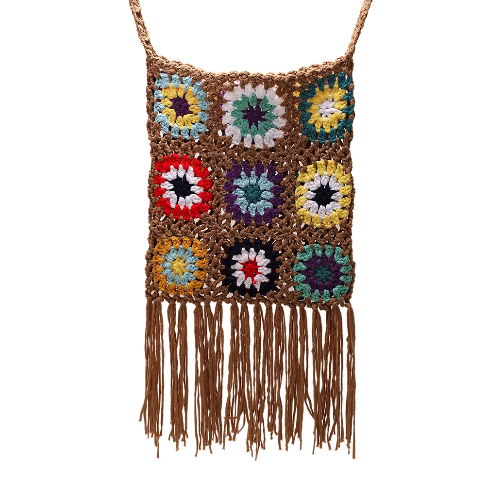 Borsa a tracolla da donna in maglia a traliccio con nappa, stile etnico, bohémien, morbida e traforata, intrecciata_voghion.com