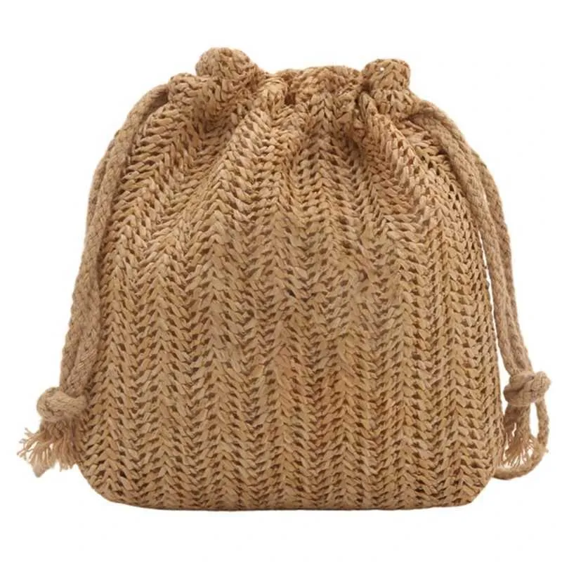 Elegante Umhängetasche für Damen, für den Strandurlaub, stilvolle, lässige, gewebte Schultertasche, kleine Beuteltasche mit Kordelzug für den Urlaub C241216_voghion.com