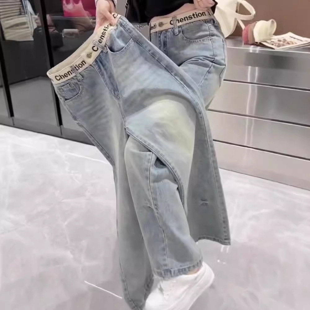 ​​Slim Fit Stretch Straight Jeans For Women - Bluish High-Waisted Floor-Length Denim Pants With Embroidery (XS-3XL)​​
