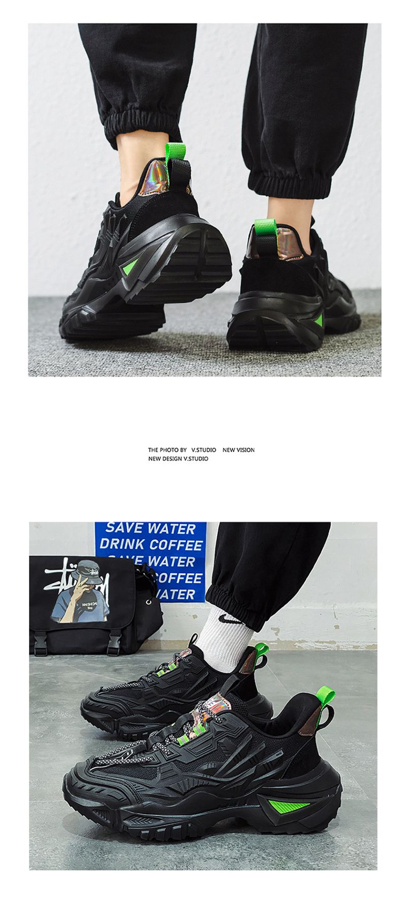 Men's spring new mesh sports men's running leisure shoes, with an increased height inside. Pure black and versatile dad_voghion.com