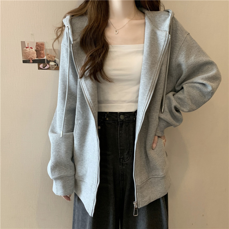 Dames vest met capuchon losvallend casual wafelbreisel grijs_voghion.com