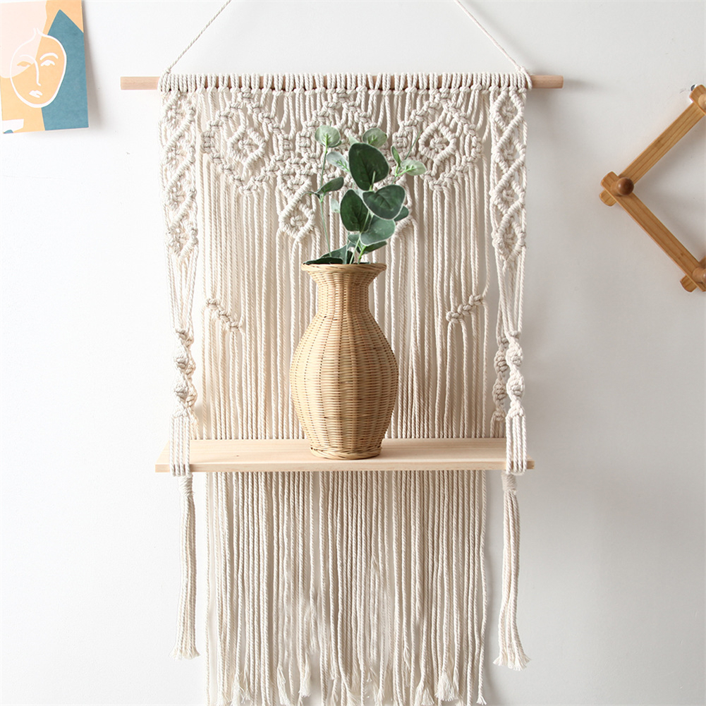 Tapiserie de perete suspendată din macrame boemă, țesută manual, cu ciucuri, raft plutitor din lemn, artă de perete pentru plante, ghiveci de flori, decor boho_voghion.com