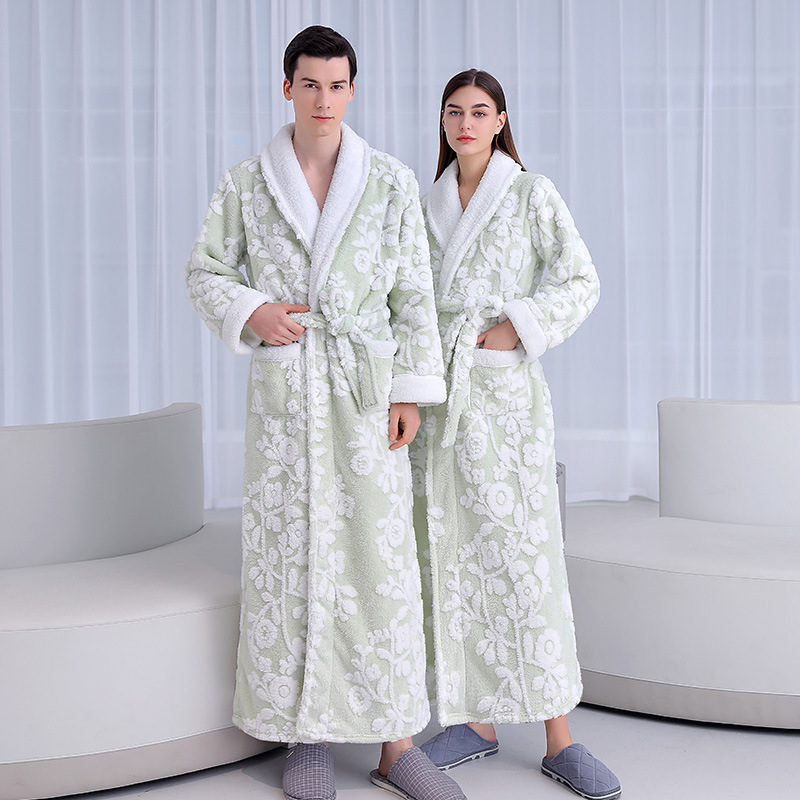 Autumn And Winter Silver Gray Double Layer Thickened Jacquard Comfortable Cotton Velvet Nightgown Long Plush Bathrobe_voghion.com