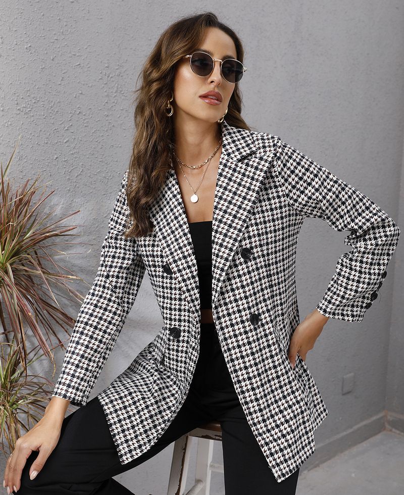Veste à manches longues à revers pied-de-poule pour femme_voghion.com