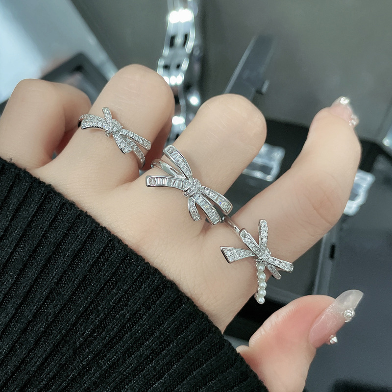 High end Light Luxury Full Diamond Zircon Bow Sweet Cool Open Female Instagram Cold Elegant Elegance Small and Popular_voghion.com