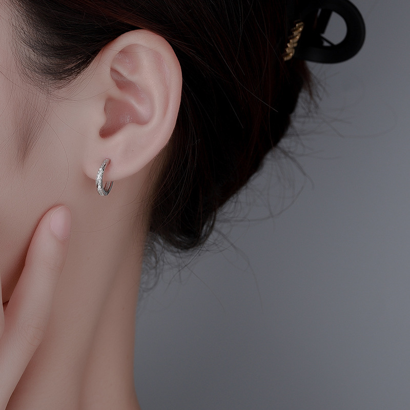 Pure silver plain ring inlaid with zircon earrings daily essential versatile commuting niche ins style