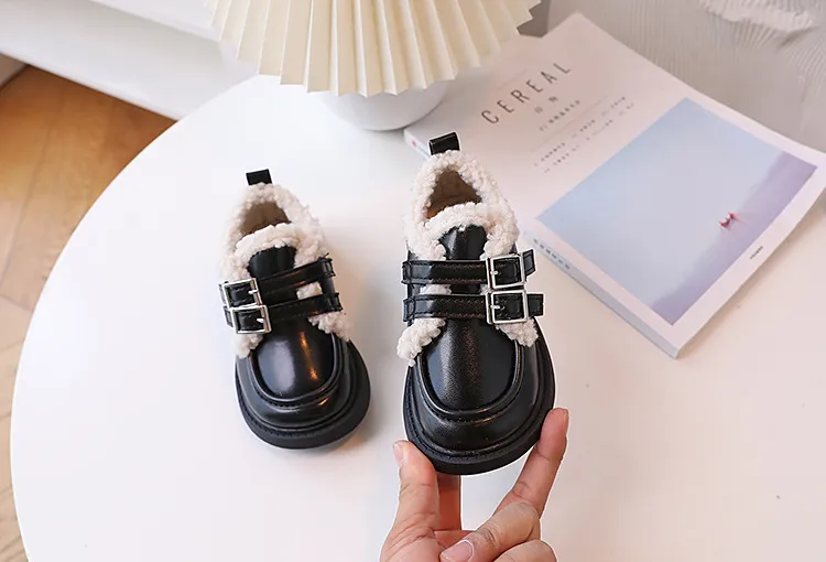 Children Leather Loafers For Boys Girls Winter Thick Soled Lamb Wool Warm Girl Uniform Princess School Cotton Shoes_voghion.com